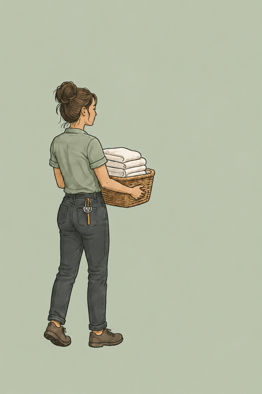 Illustration of a Greasebusters property care professional carrying fresh linens